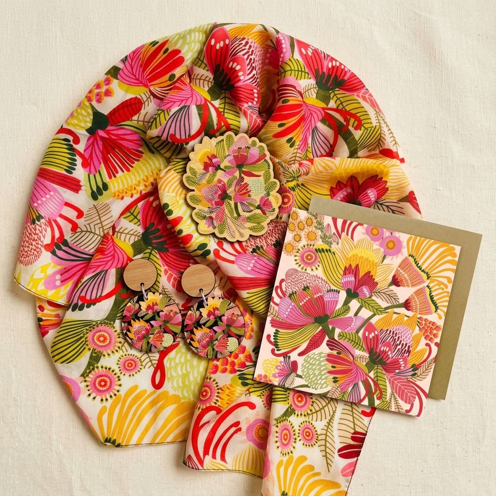 Garden of Eden Silk Scarf & Jewellery Gift Set flat lay - scarf, earrings, brooch and card - Kirsten Katz