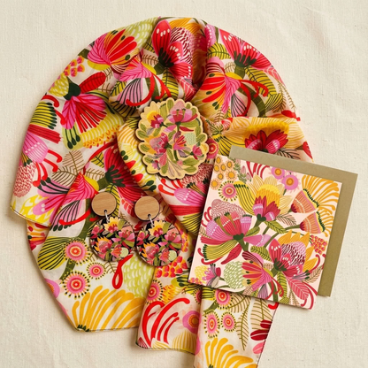Garden of Eden Silk Scarf & Jewellery Gift Set flat lay - scarf, earrings, brooch and card - Kirsten Katz