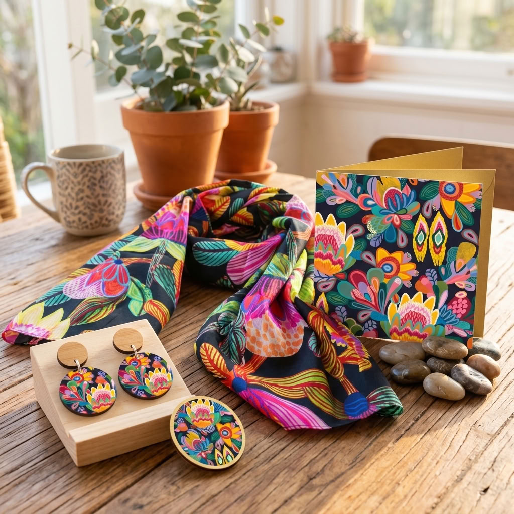 Protea Australis Silk Scarf & Jewellery Gift Set styled together on a timber table - Kirsten Katz