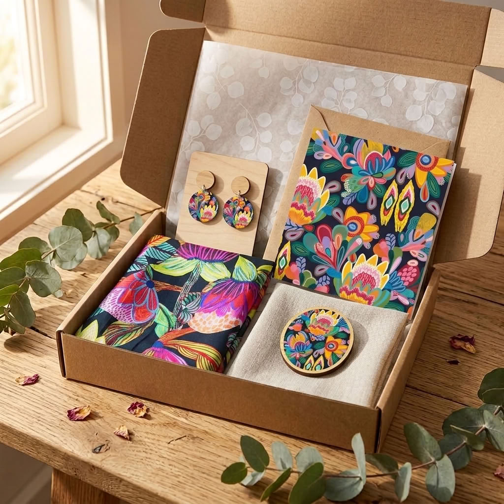 Protea Australis Silk Scarf & Jewellery Gift Set presented in a gift box - Kirsten Katz