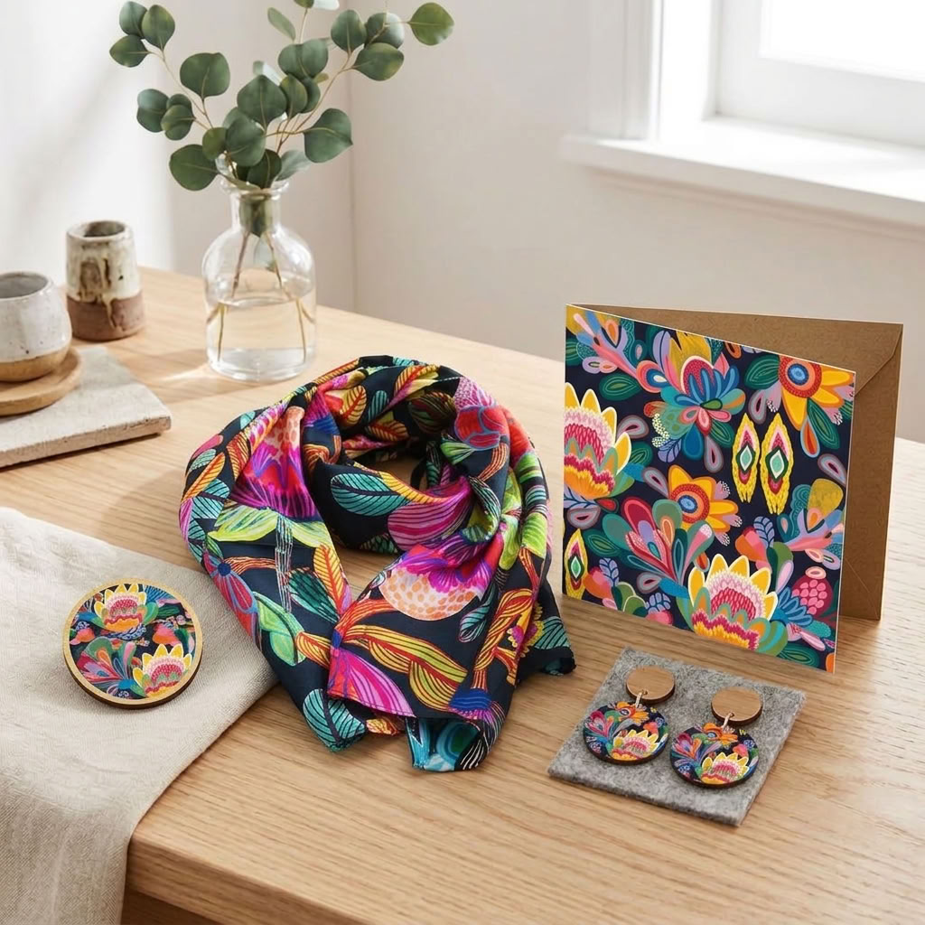Protea Australis Silk Scarf & Jewellery Gift Set - silk scarf, wooden earrings, brooch and matching card together - Kirsten Katz