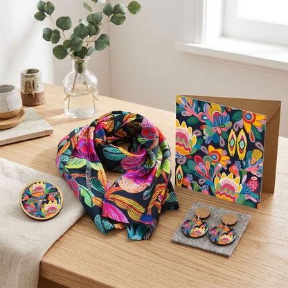 Protea Australis Silk Scarf & Jewellery Gift Set - silk scarf, wooden earrings, brooch and matching card together - Kirsten Katz
