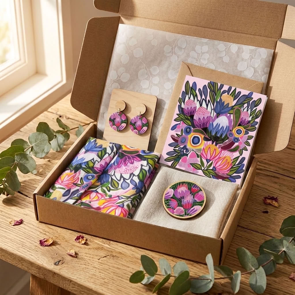 Protea Magnifica Silk Scarf & Jewellery Gift Set presented in a gift box - Kirsten Katz