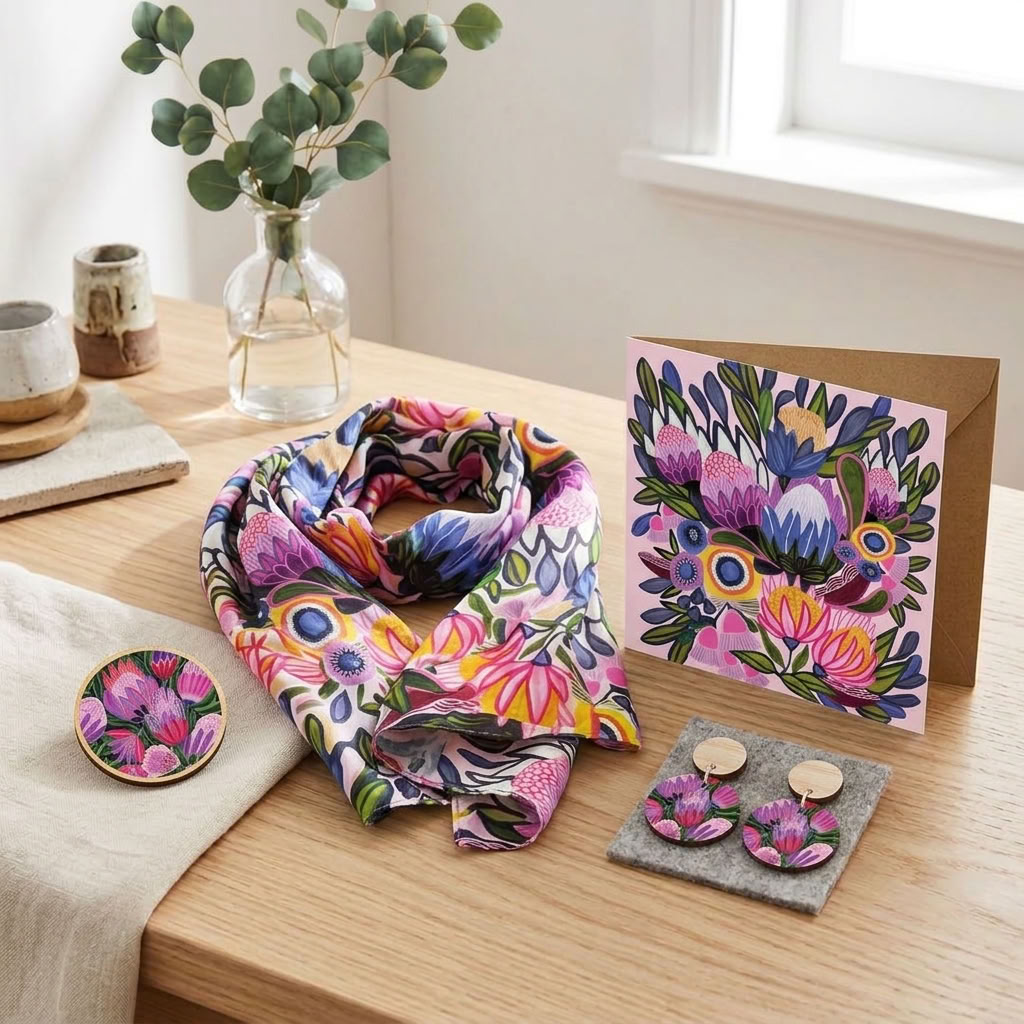 Protea Magnifica Silk Scarf & Jewellery Gift Set - silk scarf, wooden earrings, brooch and matching card together - Kirsten Katz