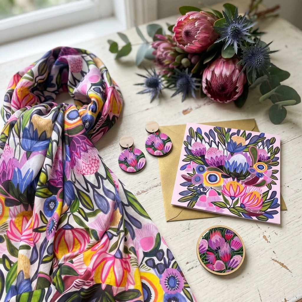 Protea Magnifica Silk Scarf & Jewellery Gift Set styled with fresh proteas - Kirsten Katz