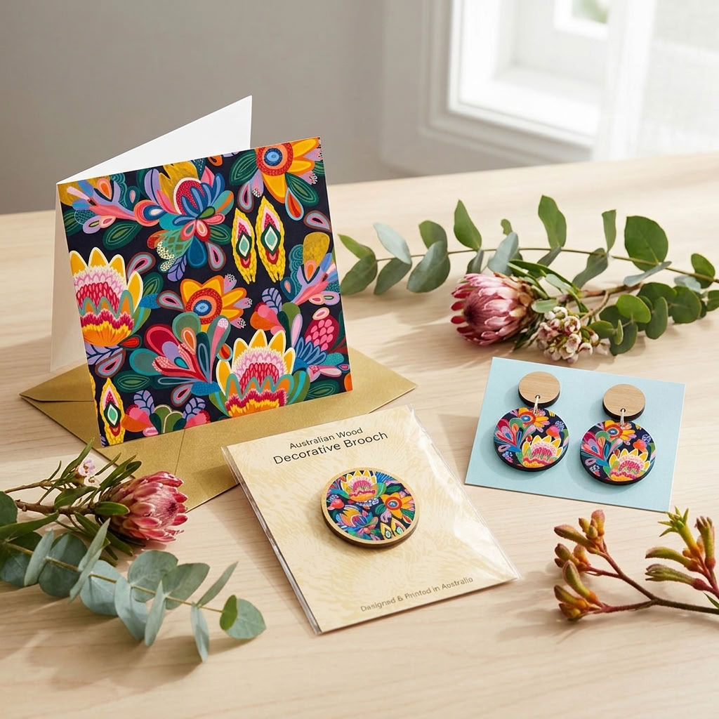 Hand-painted Fantasy Flora wooden earrings and brooch set by Kirsten Katz