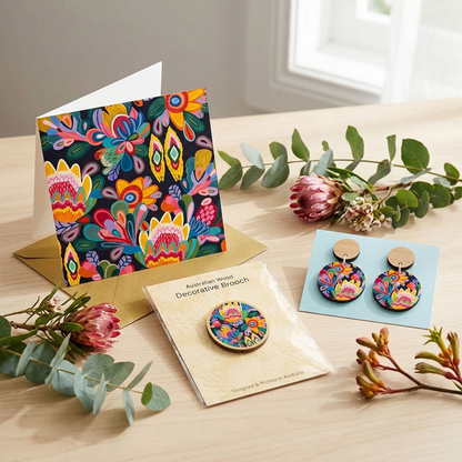 Hand-painted Fantasy Flora wooden earrings and brooch set by Kirsten Katz