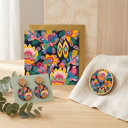 Fantasy Flora wooden earrings and brooch, a botanical Australian gift by Kirsten Katz