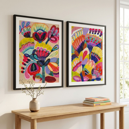 Fantasy Flowers colourful wall art print set of 2 by Australian artist Kirsten Katz — Fantasy Bouquet and Dream Garden