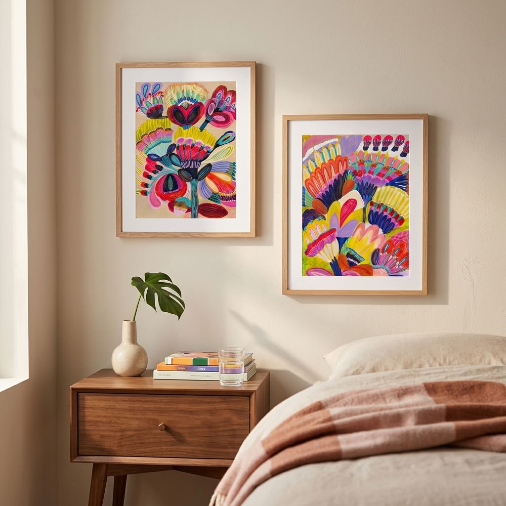 Fantasy Flowers wall art print set — pink, purple, orange and lime imaginary blooms by Kirsten Katz