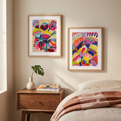Fantasy Flowers wall art print set — pink, purple, orange and lime imaginary blooms by Kirsten Katz