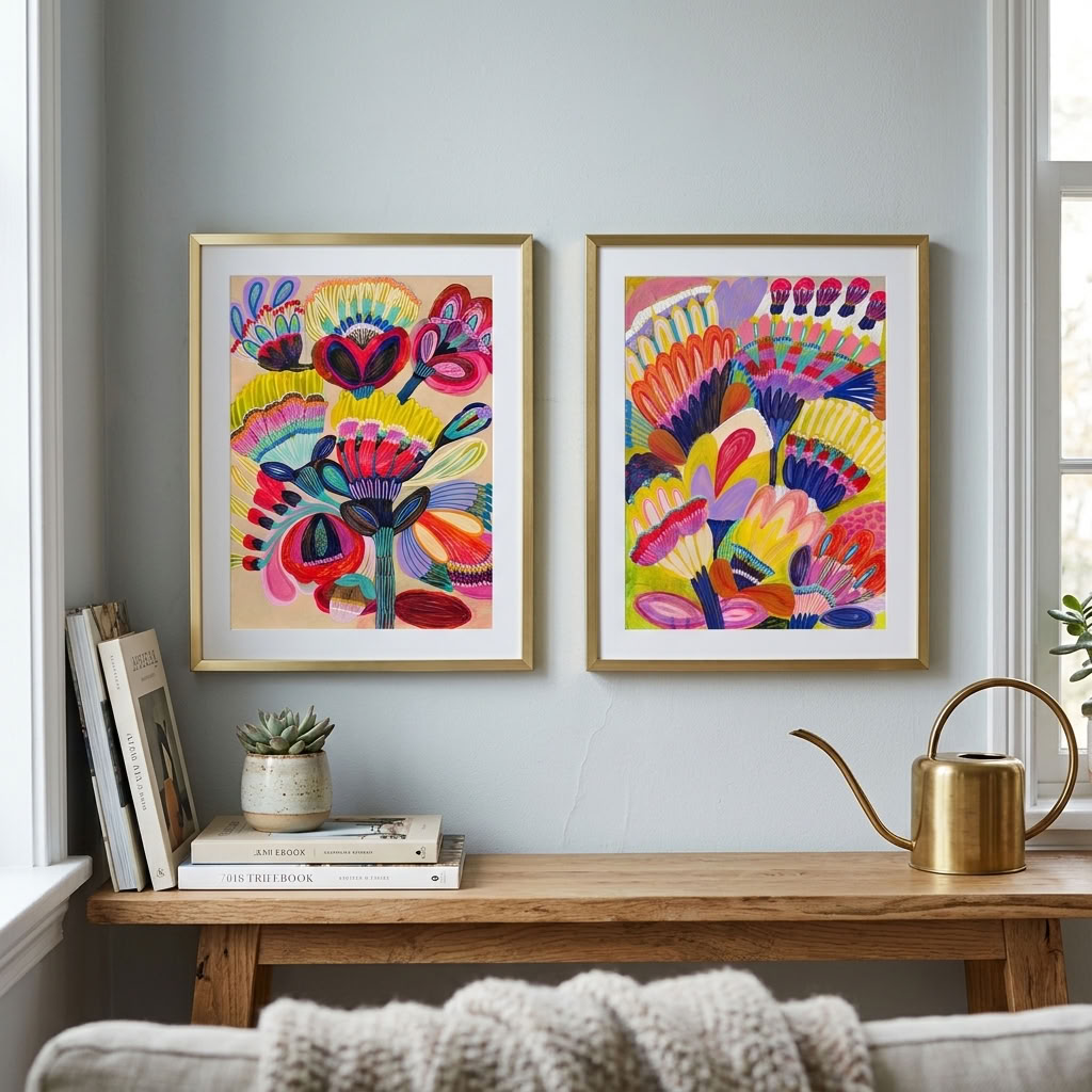 Colourful wall art print set of 2 by Kirsten Katz — Fantasy Flowers styled in a modern home