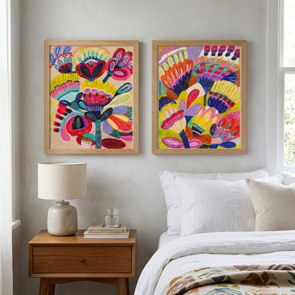 Fantasy Flowers whimsical floral art print set by Kirsten Katz — detail of layered colourful blooms