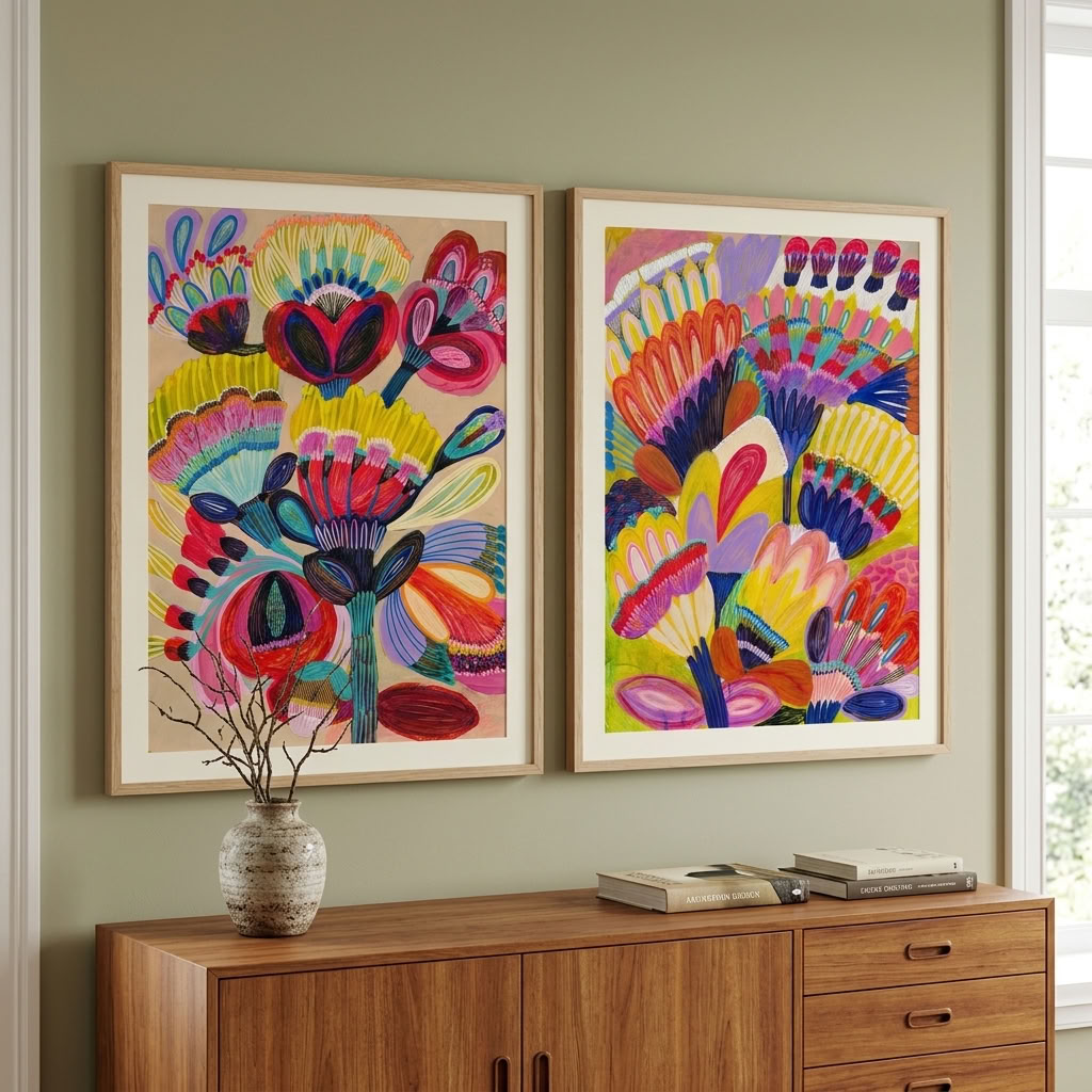 Fantasy Flowers wall art print set by Kirsten Katz — whimsical imaginary blooms in pink, purple, orange, teal and lime