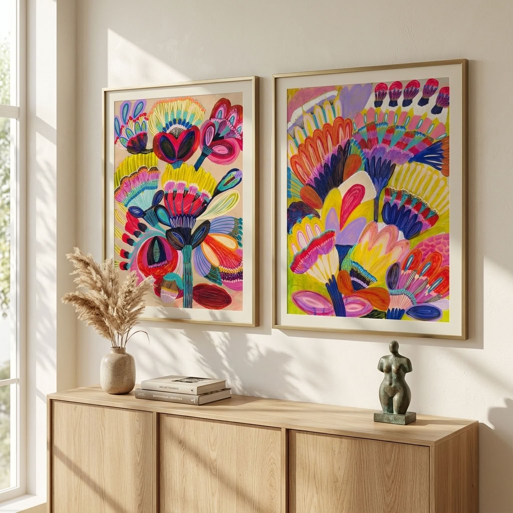 Fantasy Flowers colourful art print set of two by Kirsten Katz styled in a modern interior