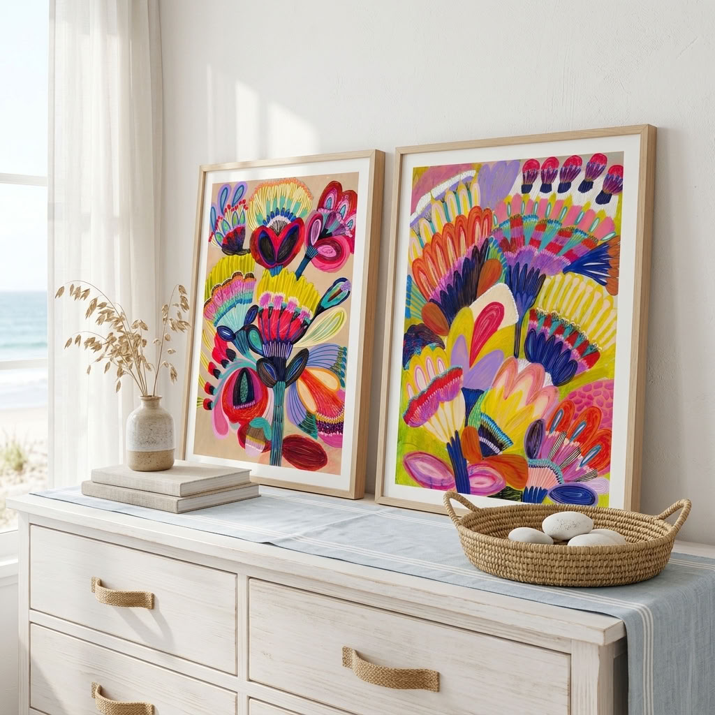 Fantasy Flowers wall art print set styled in a living room — imaginary blooms by Kirsten Katz