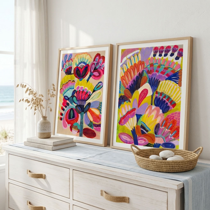 Fantasy Flowers wall art print set styled in a living room — imaginary blooms by Kirsten Katz