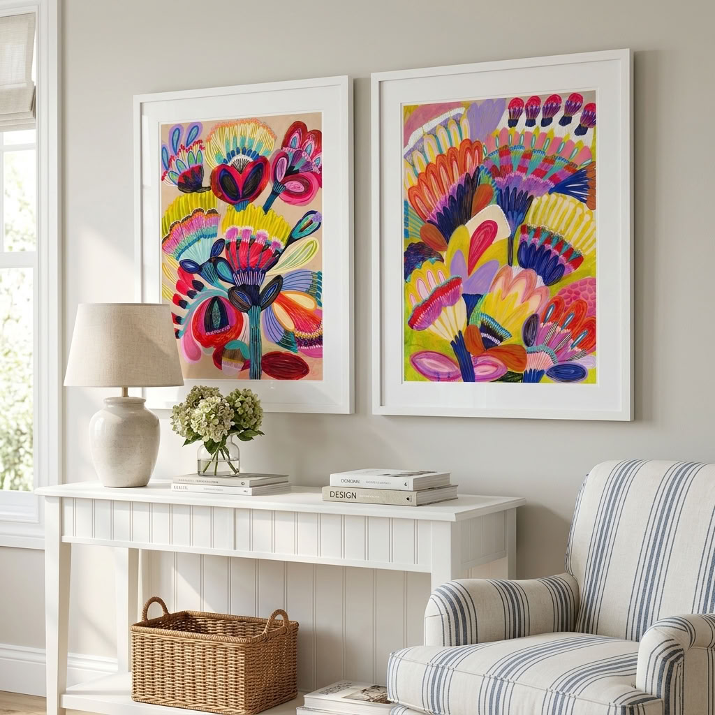 Fantasy Flowers colourful wall art print set of 2 by Kirsten Katz — two framed whimsical floral prints in white frames above a console table
