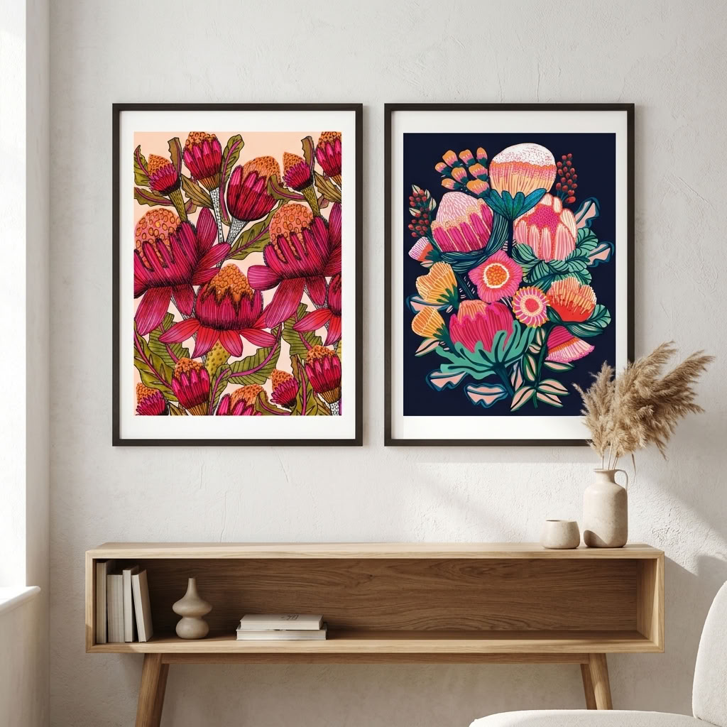 Australian Bush Blooms wall art print set by Kirsten Katz: two framed botanical prints, red waratahs on soft blush and a protea and banksia bouquet on midnight navy, hung above a timber console