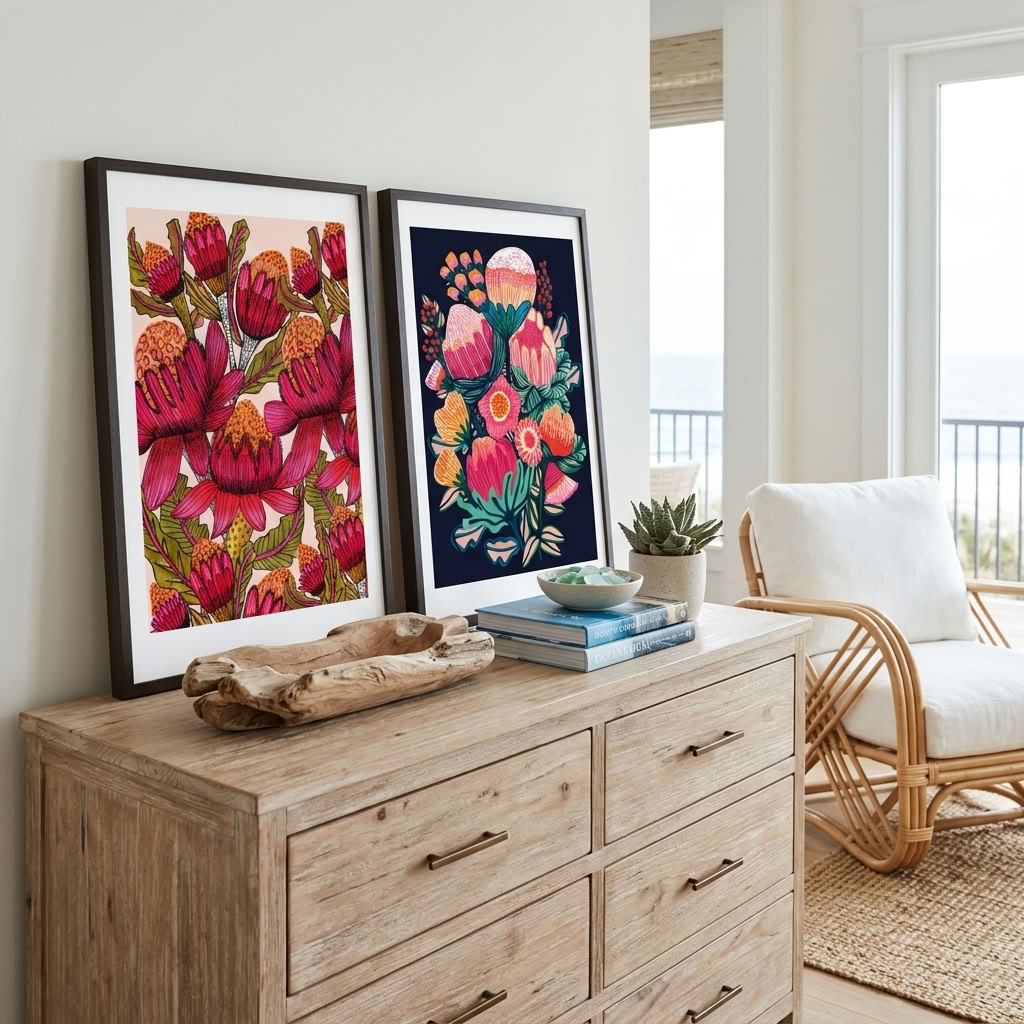 Australian Bush Blooms botanical wall art print set by Kirsten Katz, light and dark native floral prints