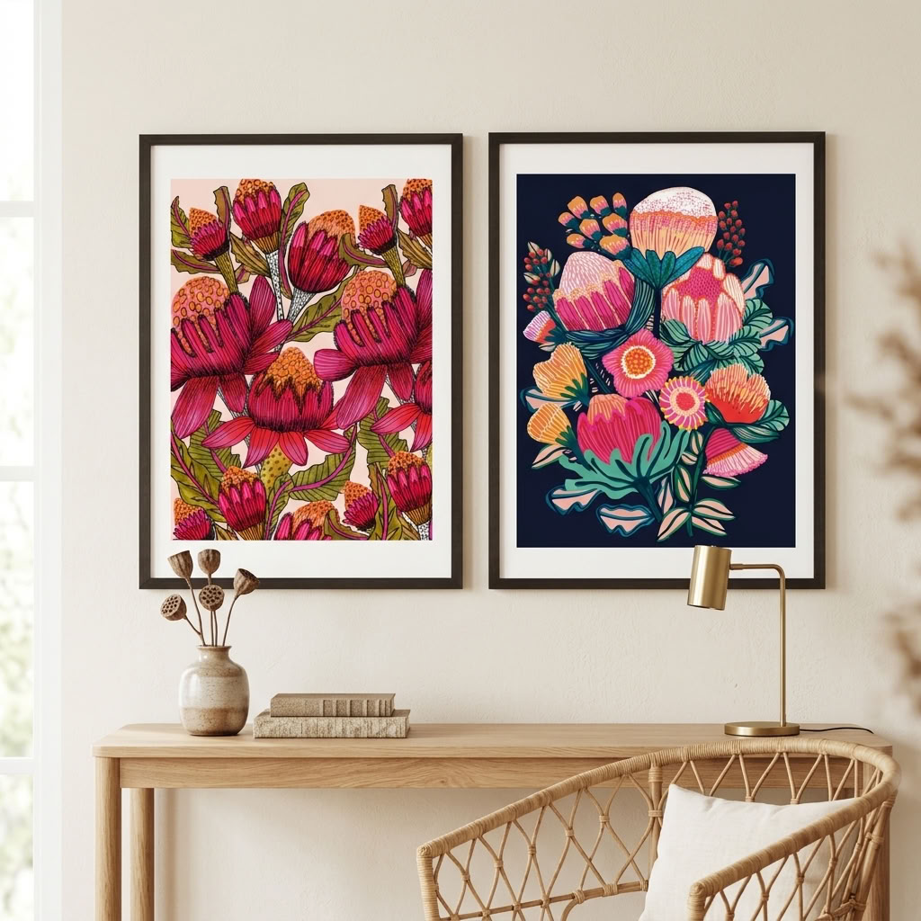 Australian Bush Blooms wall art print set by Kirsten Katz, two botanical prints of Australian native flowers