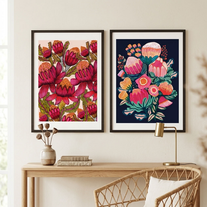 Australian Bush Blooms wall art print set by Kirsten Katz, two botanical prints of Australian native flowers