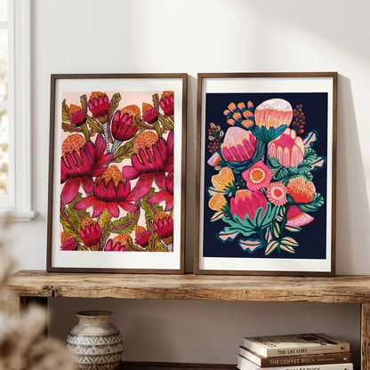 Set of two Australian Bush Blooms art prints by Kirsten Katz featuring waratahs, proteas and banksias