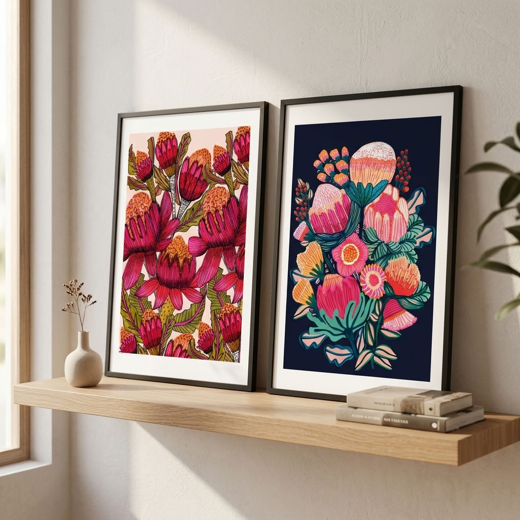 Kirsten Katz Australian Bush Blooms print set, Waratahs and Bouquet of Oz Midnight botanical art prints