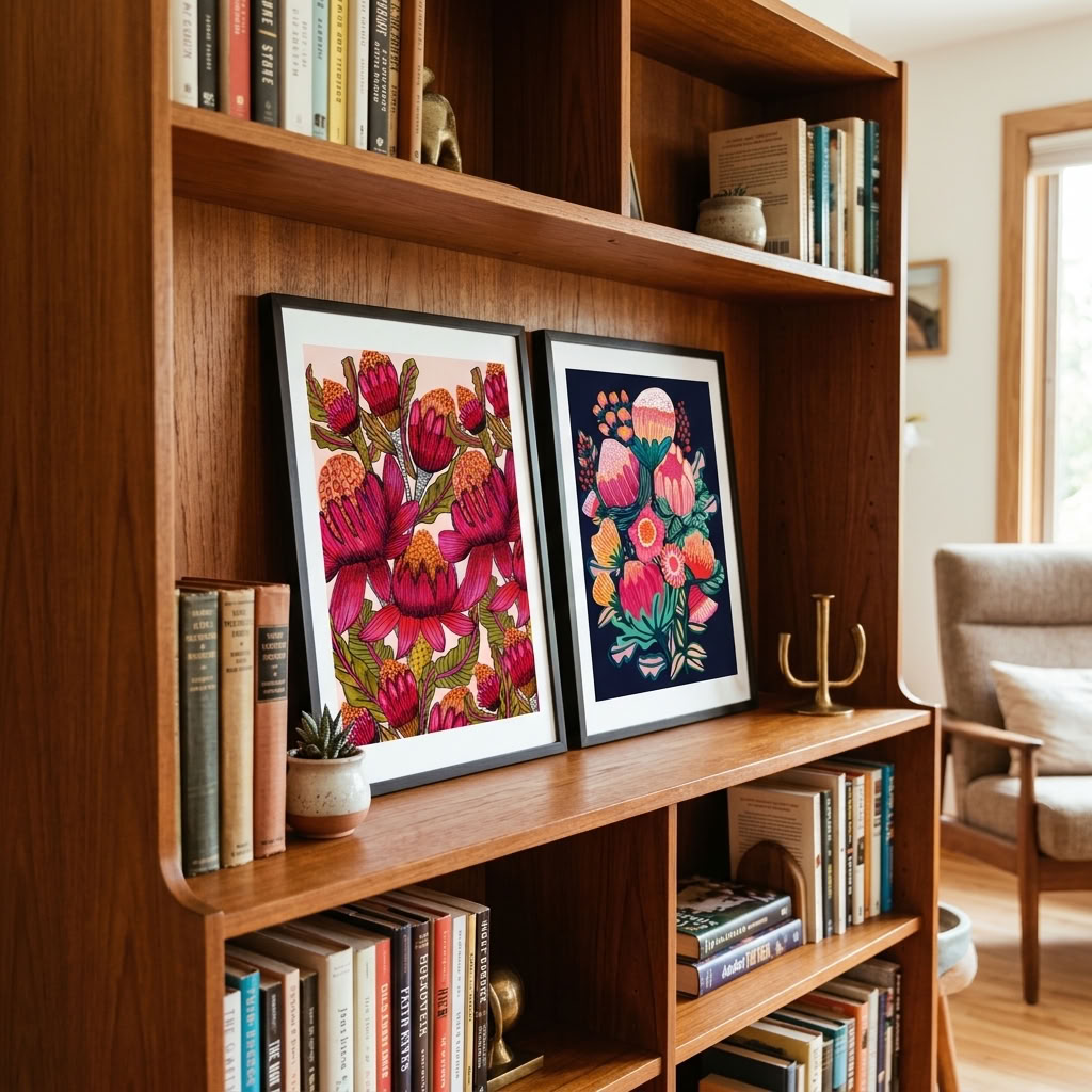 Australian Bush Blooms gallery wall set by Kirsten Katz, native flowers on blush and midnight navy grounds