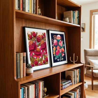 Australian Bush Blooms gallery wall set by Kirsten Katz, native flowers on blush and midnight navy grounds