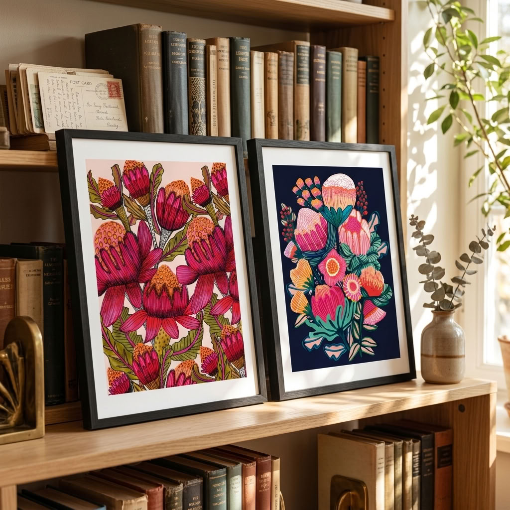 Modern Australian botanical wall art print pair by Kirsten Katz, crimson waratahs and a pink protea bouquet