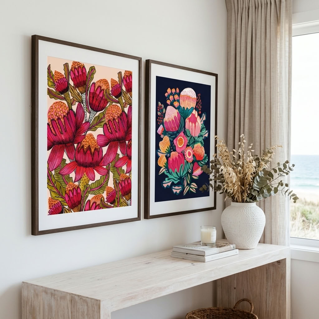 Australian Bush Blooms art print set by Kirsten Katz, bold native blooms in pink, coral and red with teal foliage