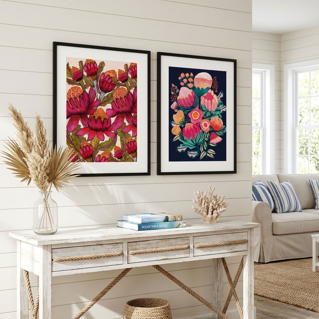 Two-print Australian Bush Blooms wall art set by Kirsten Katz, Australian artist, iconic native botanicals
