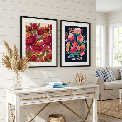 Two-print Australian Bush Blooms wall art set by Kirsten Katz, Australian artist, iconic native botanicals