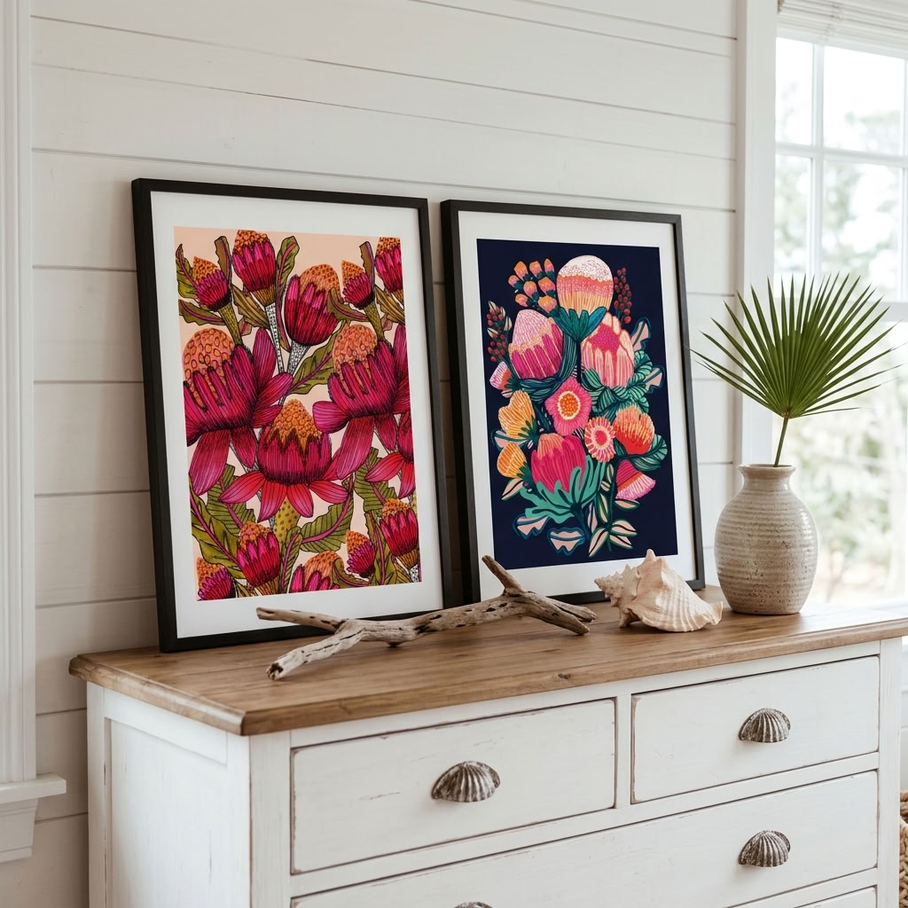 Kirsten Katz Australian native flower print pair, waratahs on soft blush beside a bouquet on deep navy