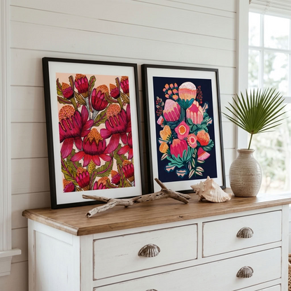 Kirsten Katz Australian native flower print pair, waratahs on soft blush beside a bouquet on deep navy