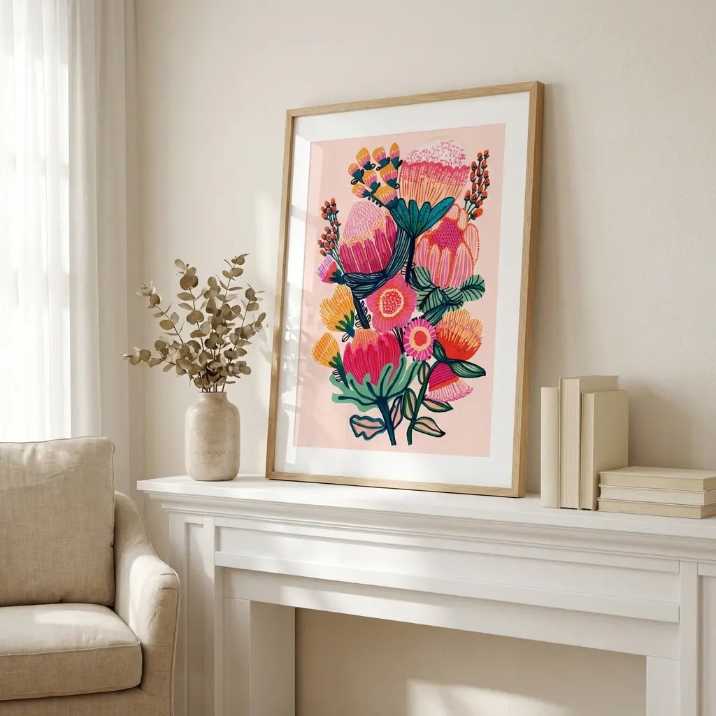 Modern botanical floral artwork on a white mantelpiece with books and a vase.