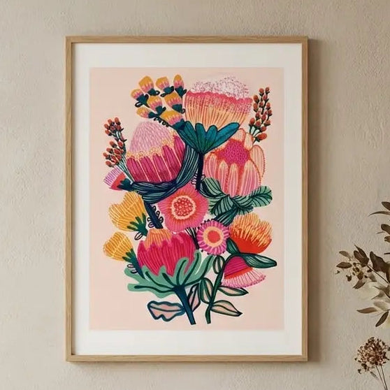 Framed floral artwork on a wall by Australian artist Kirsten Katz