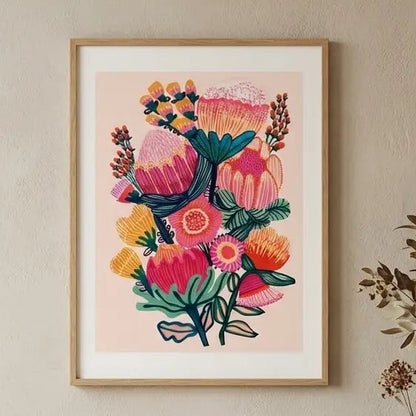 Framed floral artwork on a wall by Australian artist Kirsten Katz