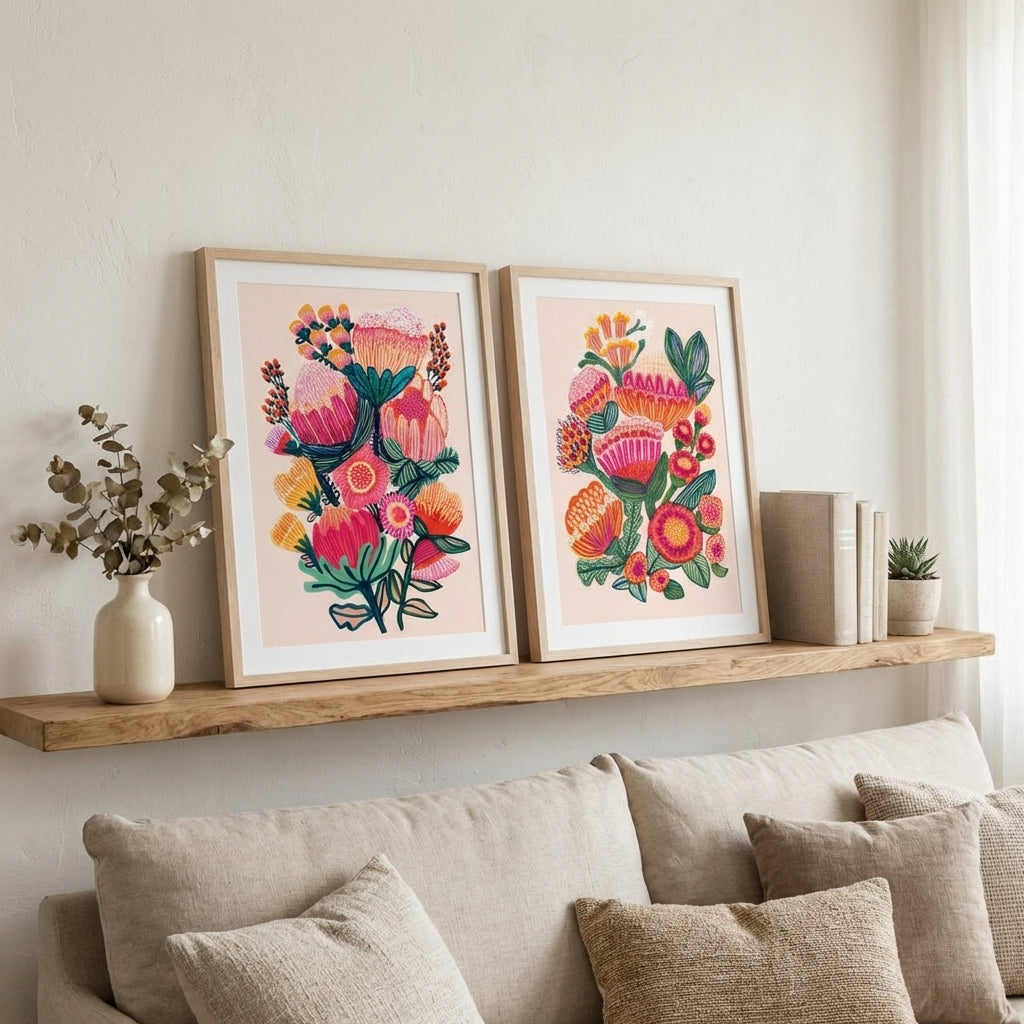 Two Australian botanical wall art print styled in a bright contemporary living room