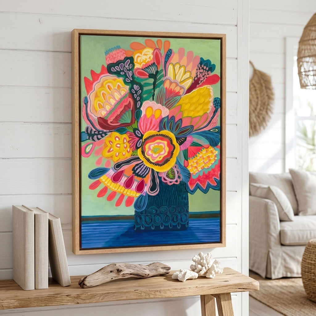 Flora Fantastica No. 1, original botanical painting by Australian artist Kirsten Katz, soft green background, golden centre bloom and teal patterned vase, in a natural oak float frame