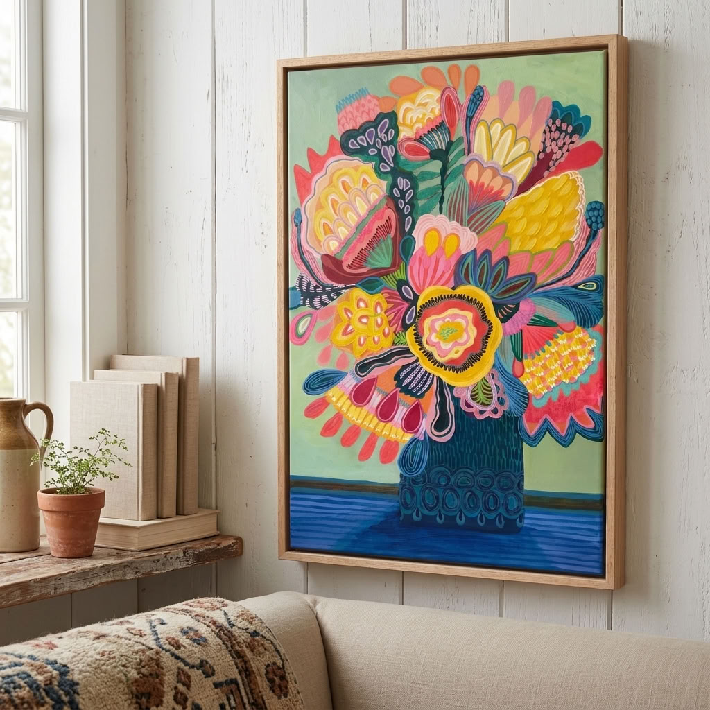 Flora Fantastica No. 1, original botanical painting by Australian artist Kirsten Katz, soft green background, golden centre bloom and teal patterned vase, in a natural oak float frame