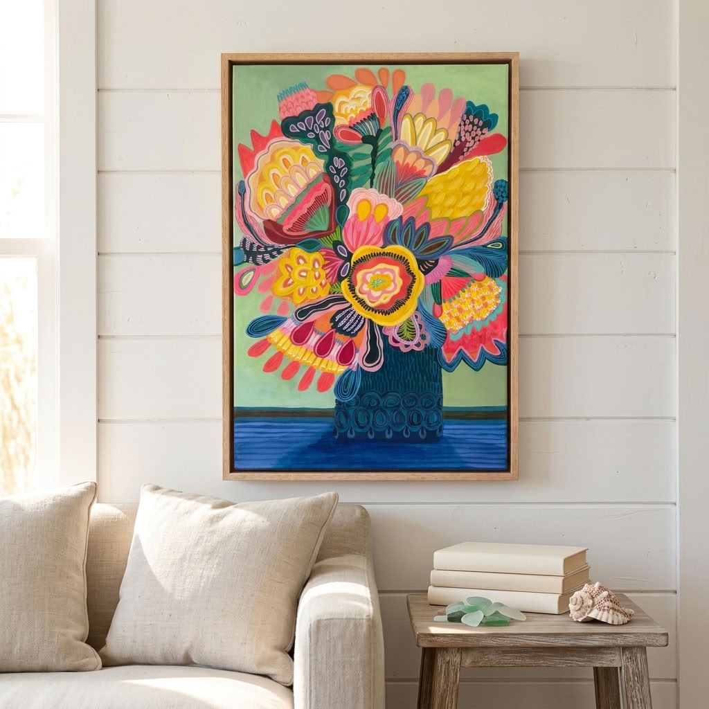 Flora Fantastica No. 1, original botanical painting by Australian artist Kirsten Katz, soft green background, golden centre bloom and teal patterned vase, in a natural oak float frame