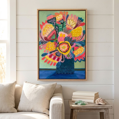 Flora Fantastica No. 1, original botanical painting by Australian artist Kirsten Katz, soft green background, golden centre bloom and teal patterned vase, in a natural oak float frame