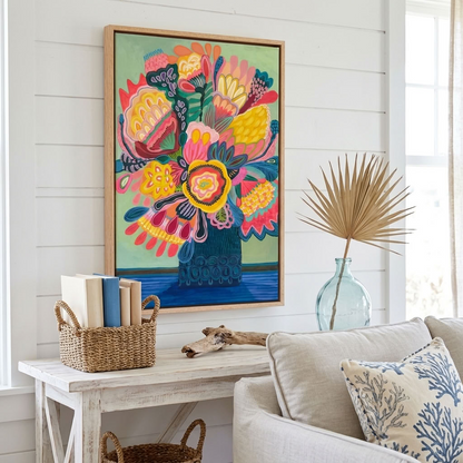 Flora Fantastica No. 1, original botanical painting by Australian artist Kirsten Katz, soft green background, golden centre bloom and teal patterned vase, in a natural oak float frame
