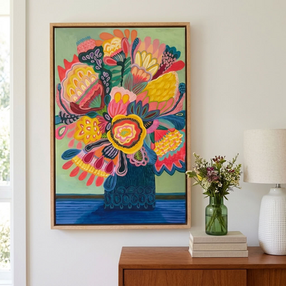 Flora Fantastica No. 1, original botanical painting by Australian artist Kirsten Katz, soft green background, golden centre bloom and teal patterned vase, in a natural oak float frame