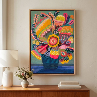 Flora Fantastica No. 2, original botanical painting by Australian artist Kirsten Katz, sage green background, golden centre flower, zigzag leaves and navy striped vase, in a natural oak float frame