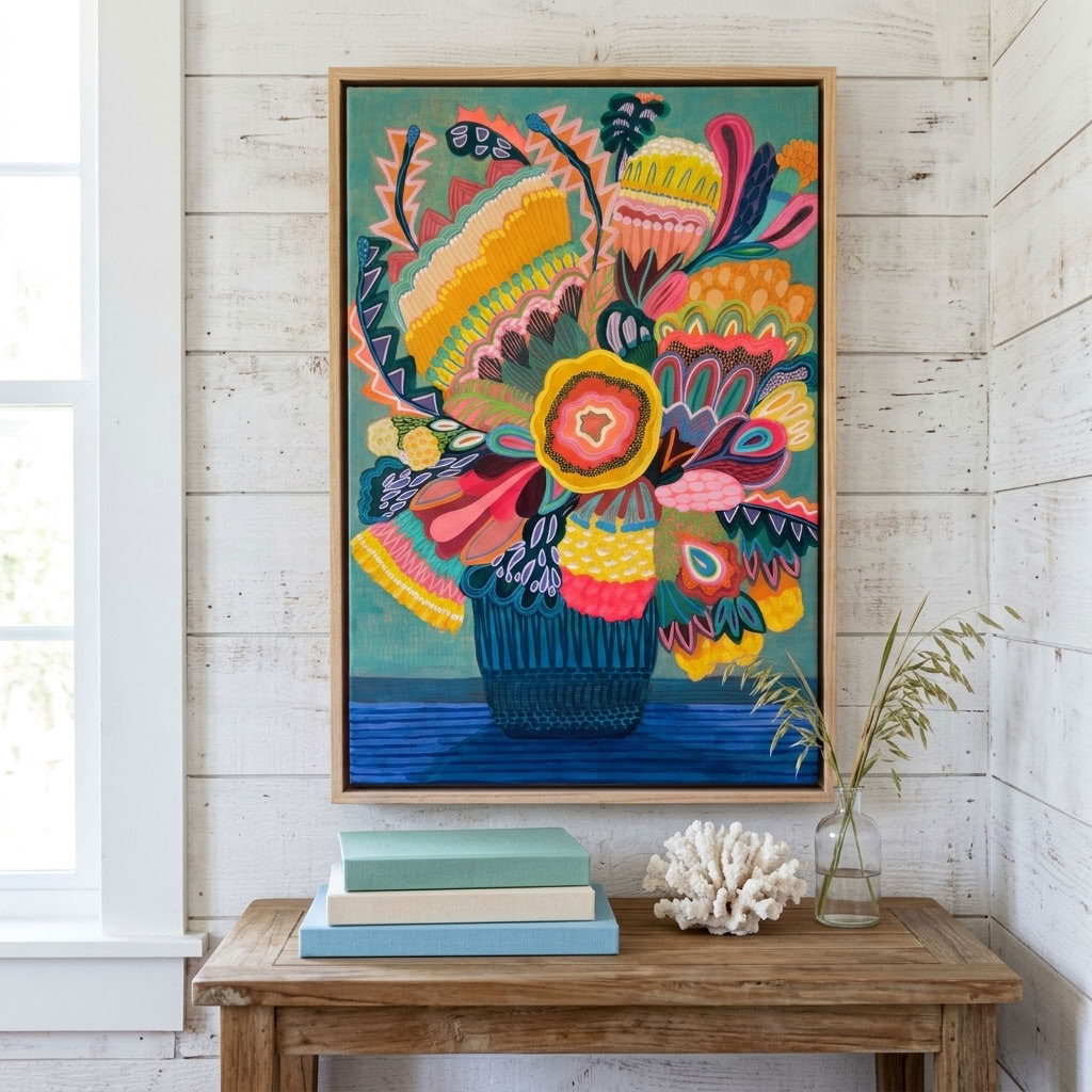 Flora Fantastica No. 2, original botanical painting by Australian artist Kirsten Katz, sage green background, golden centre flower, zigzag leaves and navy striped vase, in a natural oak float frame