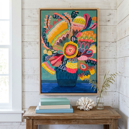 Flora Fantastica No. 2, original botanical painting by Australian artist Kirsten Katz, sage green background, golden centre flower, zigzag leaves and navy striped vase, in a natural oak float frame