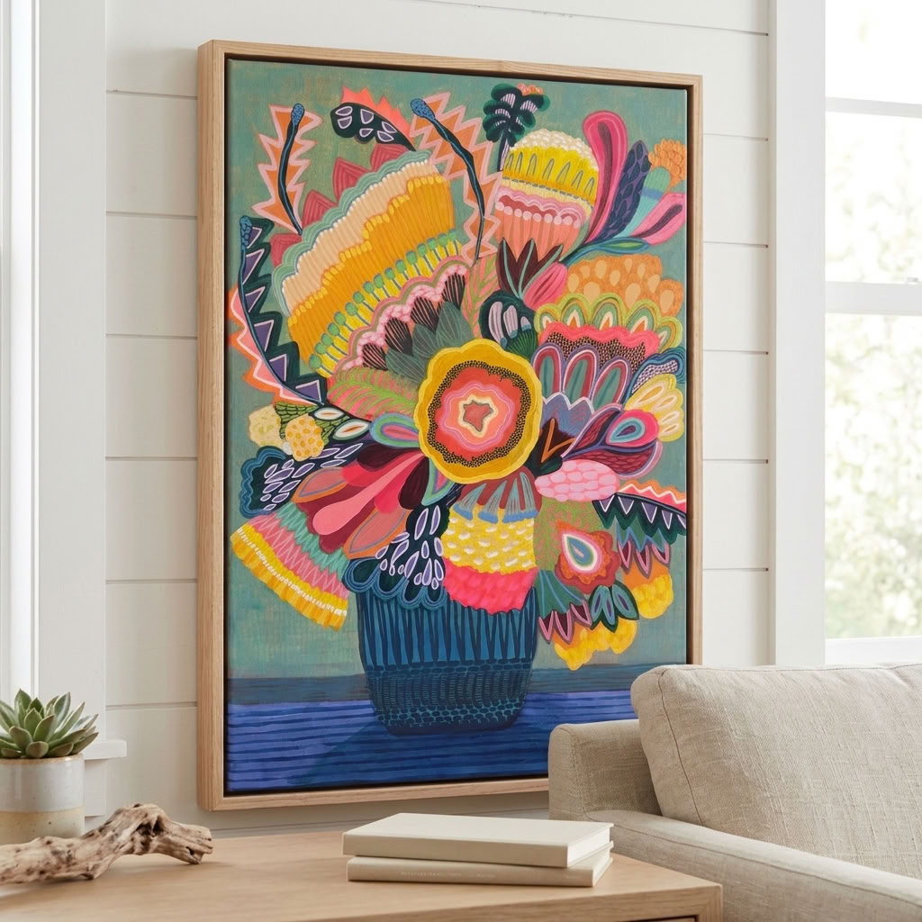 Flora Fantastica No. 2, original botanical painting by Australian artist Kirsten Katz, sage green background, golden centre flower, zigzag leaves and navy striped vase, in a natural oak float frame